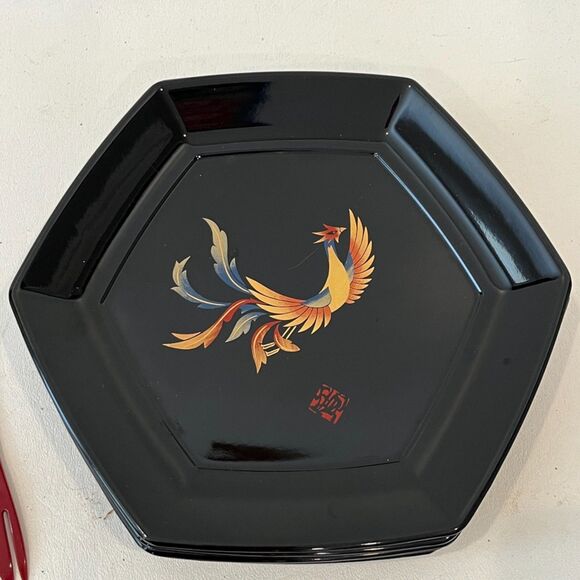Japanese Laquerware Mid Century Set of 5 Plates 4 Forks Black Phoenix Kansai - Picture 1 of 7